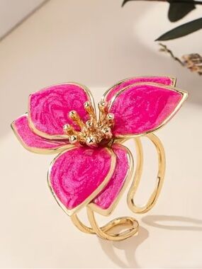 Pink Flower Statement Ring - Gold Tone Adjustable